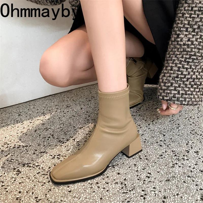 Fashion High Quality Soft PU Leather Women Ankle Boots Square Toe Square Heel Short Boots 2025 Autumn Winter Women Shoes Chelsea Boots