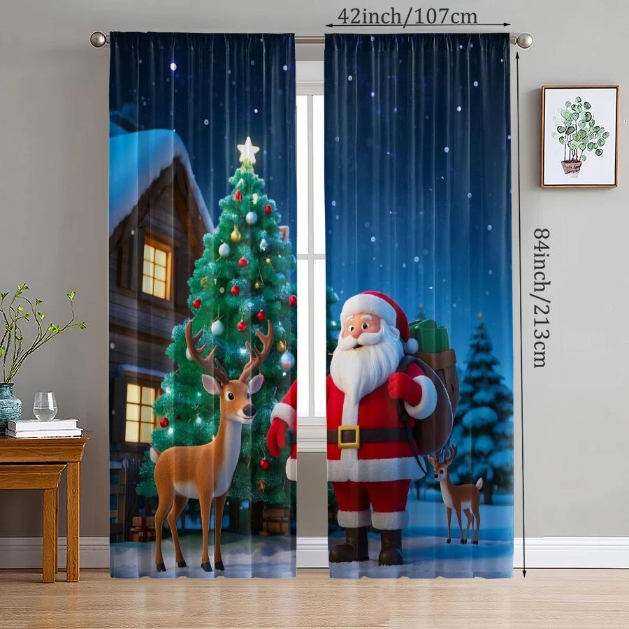 Set Of 2 Christmas Santa Claus Tree Pattern Printed Curtains Decorations Home Room Curtain Polyester