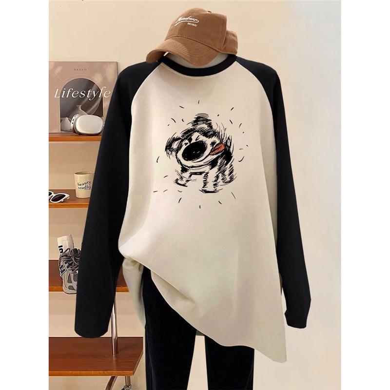 Women's Oversized Fleece-Lined Long-Sleeve T-Shirt - Autumn/Winter Trend