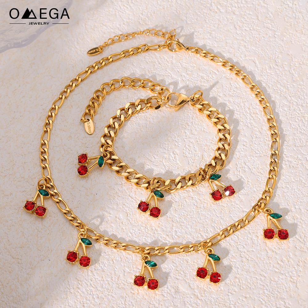 316L Stainless Steel Cuban Chain Necklaces Bracelet For Women No Tarnish Small Cherry Pendant Necklace Bracelets Zircon Set