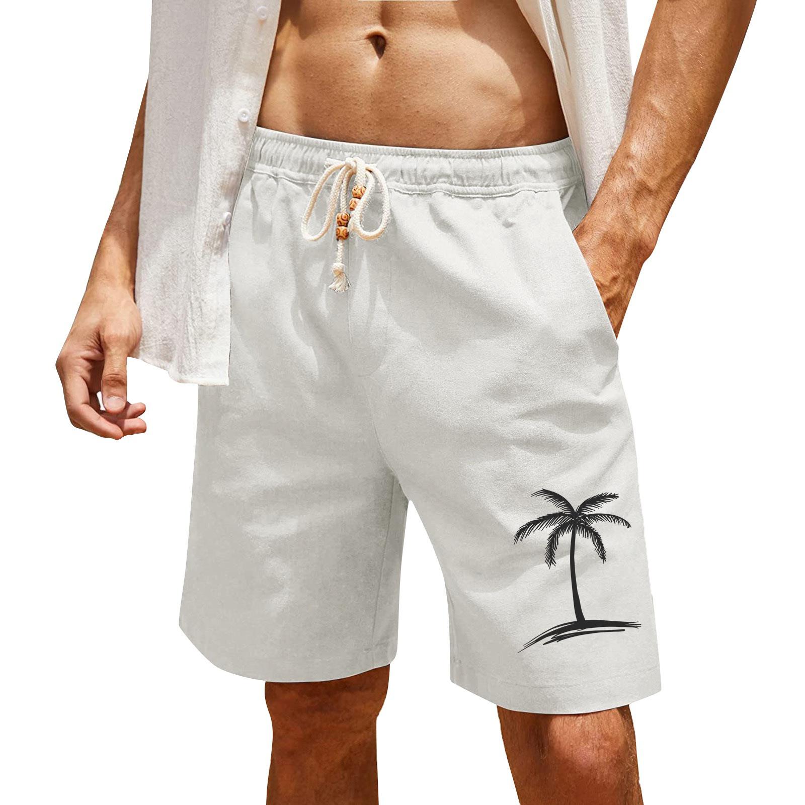 

Men s Print Cotton Linen Casual Shorts Men s Fashionable Beach Shorts XL білий