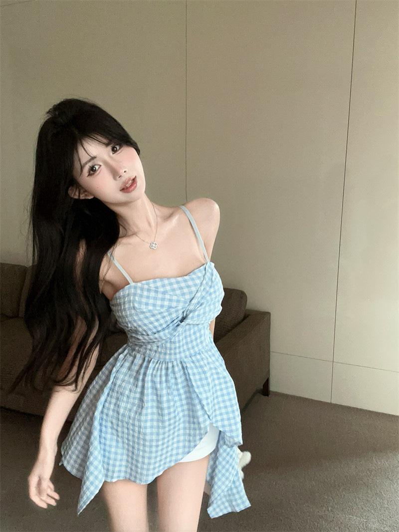 

Irregular Plaid Knot Sleeveless Camisole: Vacation Style Waist-Cinching Top for Women Medium