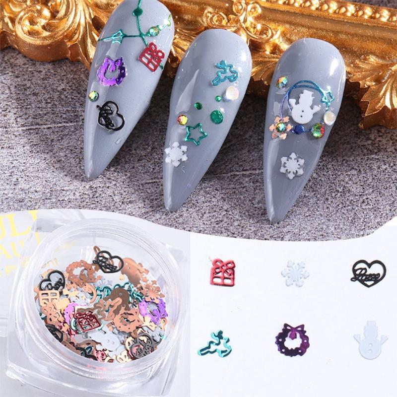 Celebrate Christmas Golden Nail Sequins Paillette 3D Metal Nail Art Charms Decoration Snowflake X mas Boots Trees Pack 1