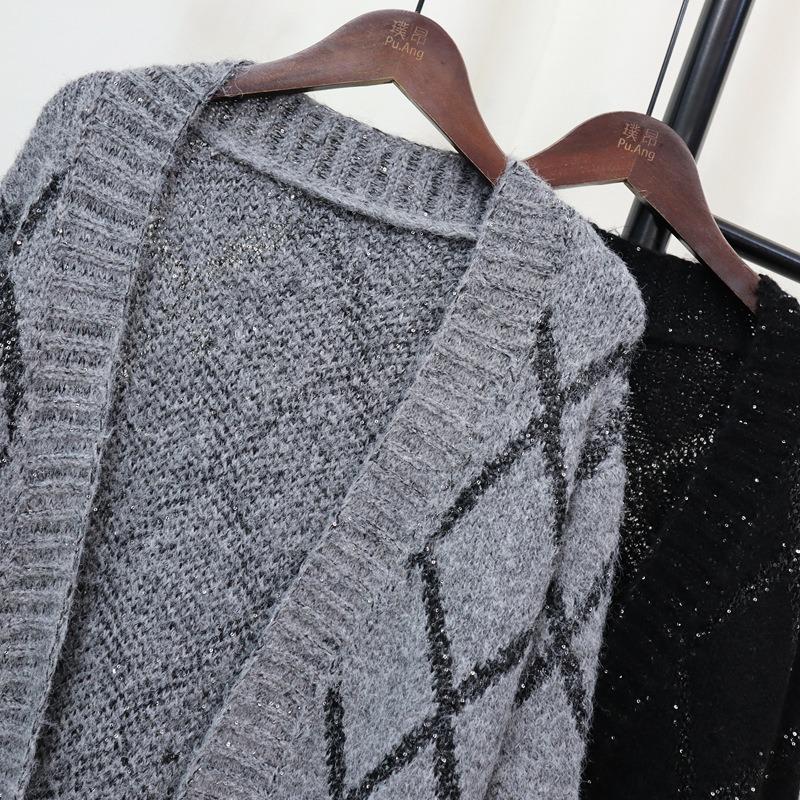 Autumn new long knee pocket sweater jacket lazy wind rhombus design temperament knitted cardigan women