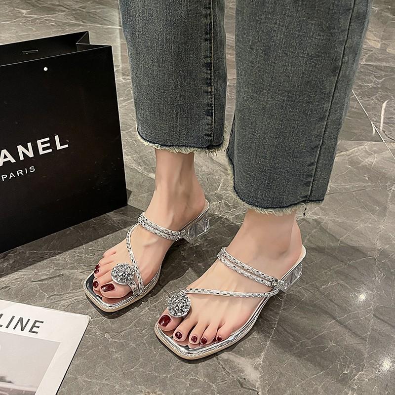 Thick-heeled slippers women's summer rhinestone casual word with toe fashion sandals women