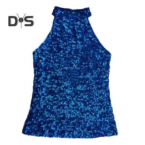 

Женский топ с блестящими пайетками, с открытыми плечами, без рукавов, с бретелькой на шее, приталенный пуловер, сплошной цвет, сценическое выступление, клубный танцевальный топ, жилет синий