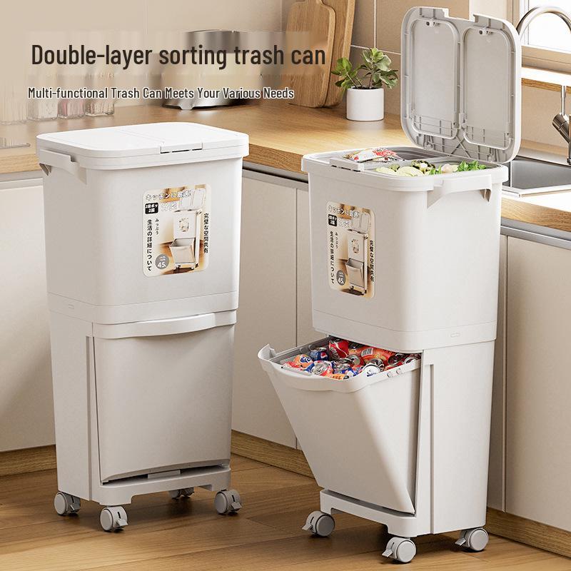 Double-Layer Press-Type Kitchen Trash Can, Thickened, Large-Capacity, Dry/Wet Separation, No Bending Needed, with Lid