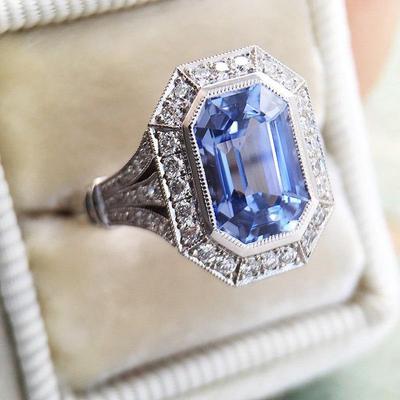Cao Shi French Court-Style Hexagonal Blue Metal Ladies' Ring