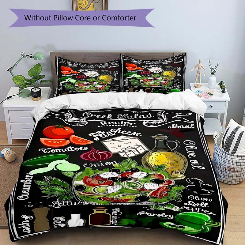 

3pcs Greek Salad Recipe Chalkboard Art Print - Includes One Quilt Cover and Two Pillowcases (No Core) Bedding Sets, Home Decor, Holiday Gifts, Polyest 135x200cm