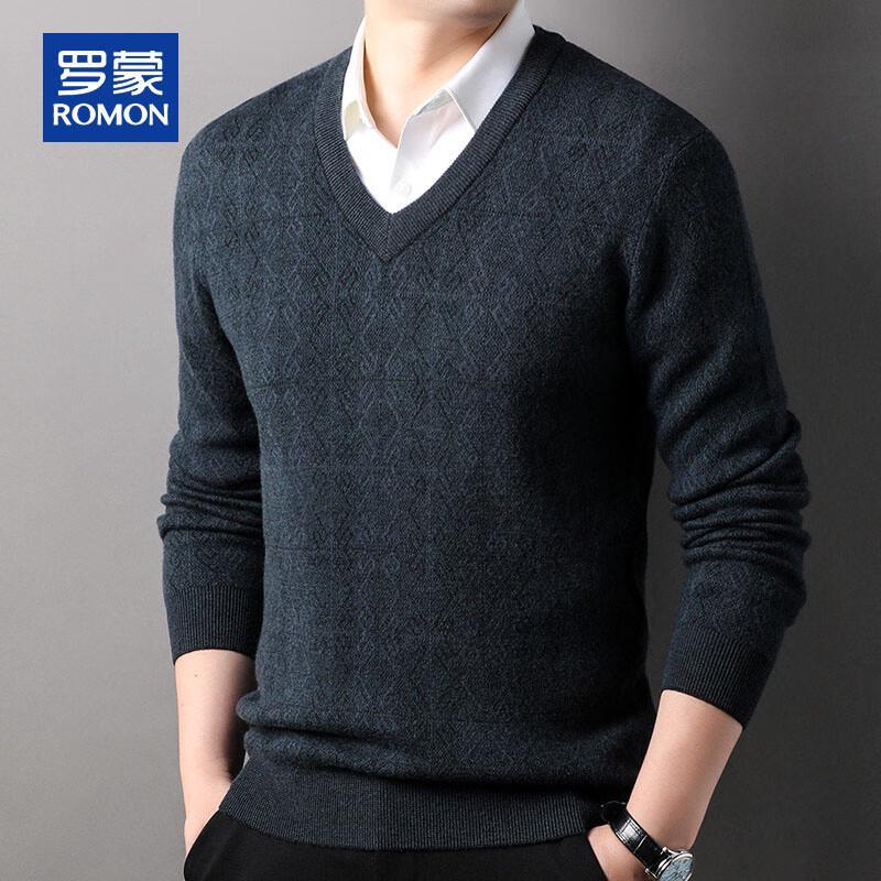 ROMON Men's 100% Pure Wool V-Neck Thickened Pullover Sweater