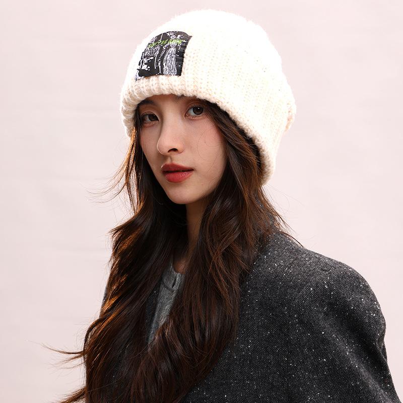 Knitted hat suitable for big face and big head - face sticker wool hat Korean thickened stack hat couple One size fits all