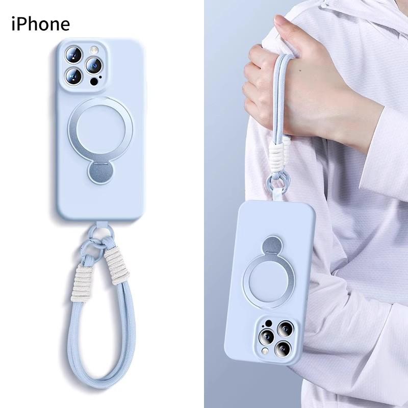 Applicable to iPhone16promax mobile phone case magnetic suction bracket liquid silicone hand rope Apple 15 protective case 14