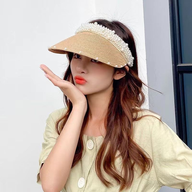 Hat women's summer new face small pearl empty top hat spring and summer cap fashion sunscreen cap breathable sun hat