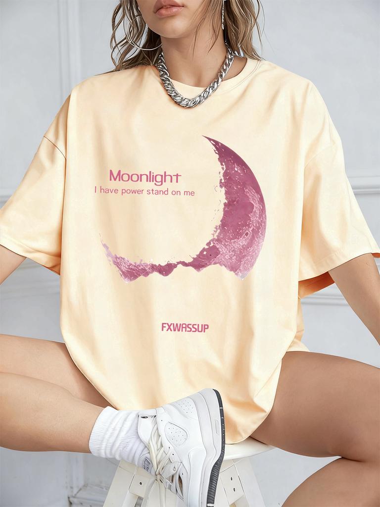 Plus Beautiful Moonlight Prints T-Shirts Womens Summer Cotton Short Sleeve T Shirt O-Neck Comfortable Loose Tops Casual Clothes