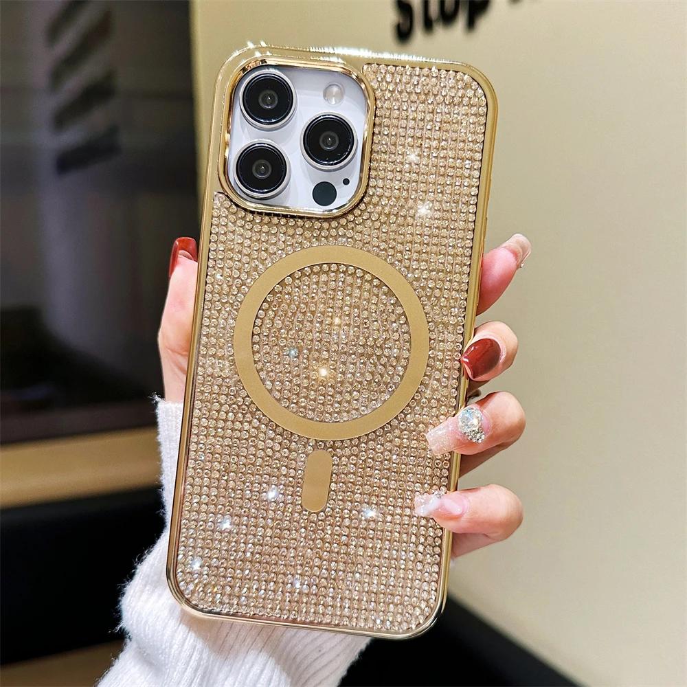 Full Diamond Rhinestones Laser Glitter Magnetic For Magsafe Case For iPhone 15 11 12 13 14 Pro Max Plus Charging Plating Cover