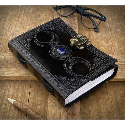 Triple Moon Pentagram Shadows Leather Journal Third Eye Stone Handmade Book 5x7