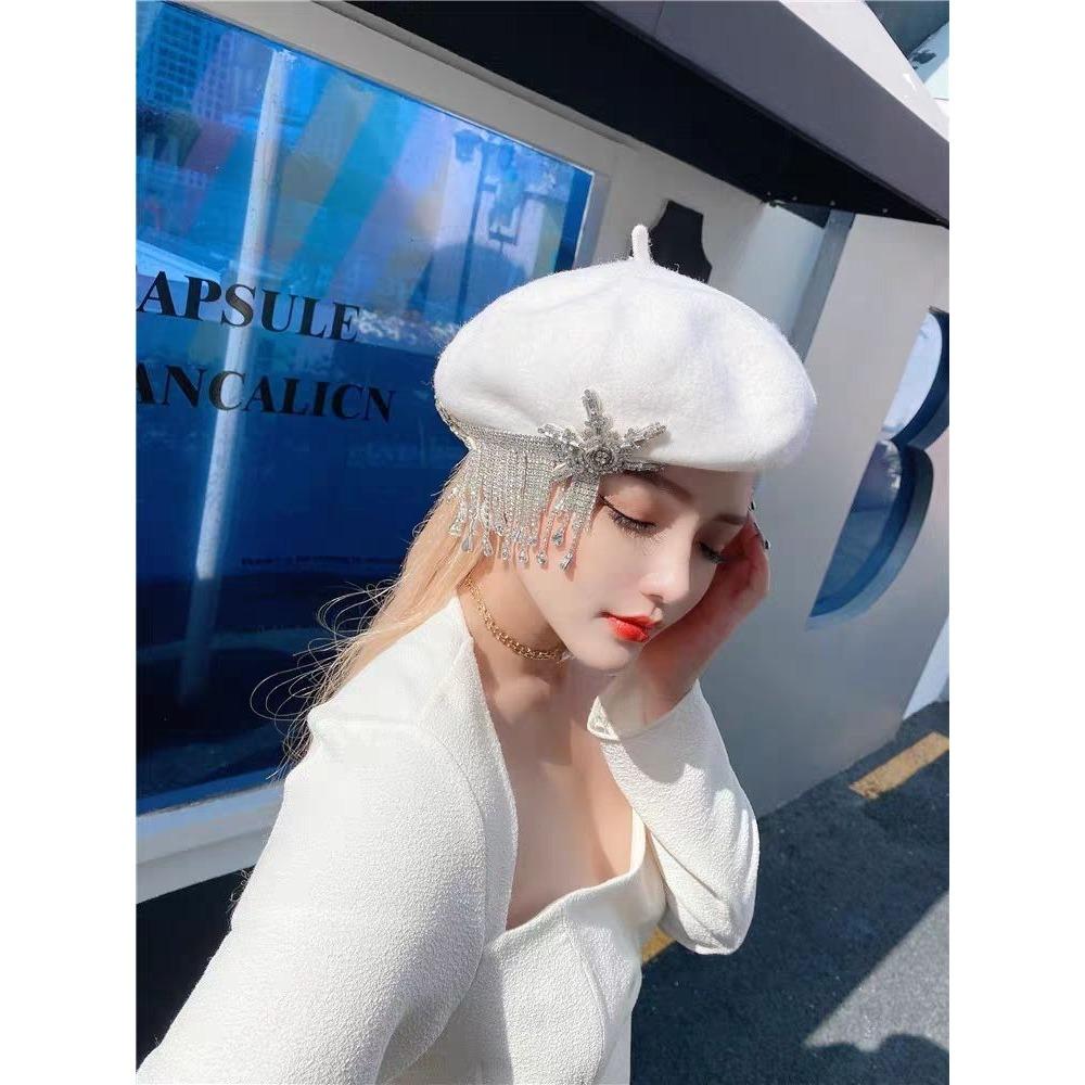 Dámské klobouky Originální Podzimní a Zimní Módní Retro Nádherný Lesklý Křišťál Dlouhý Střapec Haute Couture Vlna Malířský Baret