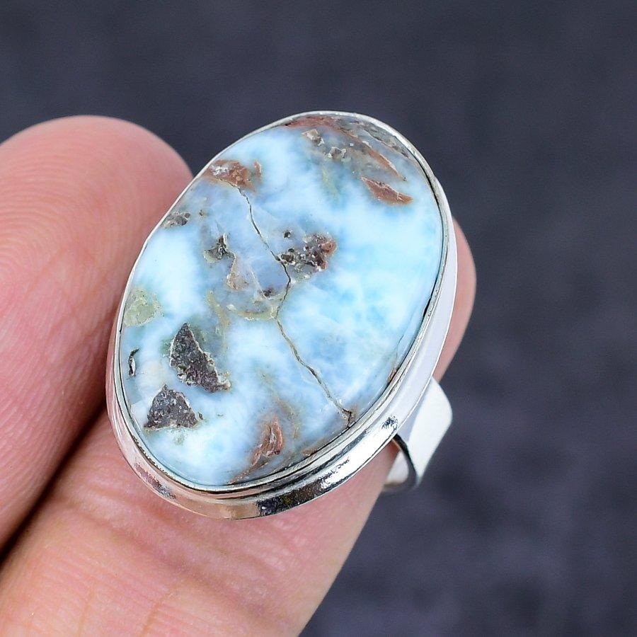 Natural Larimar Gemstone Handmade 925 Sterling Silver Jewelry Ring Size 7 m6D37