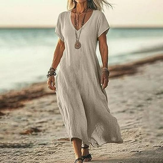 V-Neck Loose Solid Color Cotton Linen Women's Dress