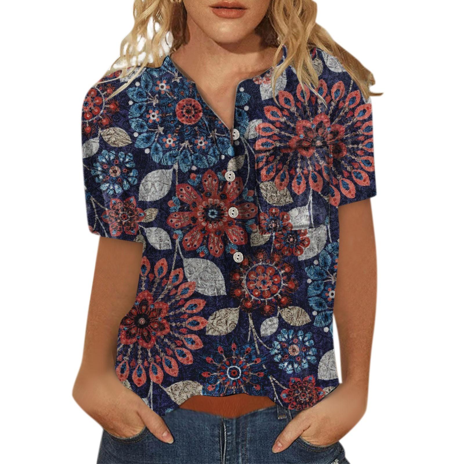 

(SU)Женские топы с цветочным принтом, женская модная повседневная рубашка с коротким рукавом на пуговицах, блузка