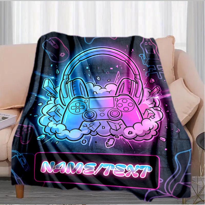 1PC Custom Name Gamer Neon Vibes flannel blanket versatile,all-season throw suitable for the living room,bedroom,camping,travel,and gift