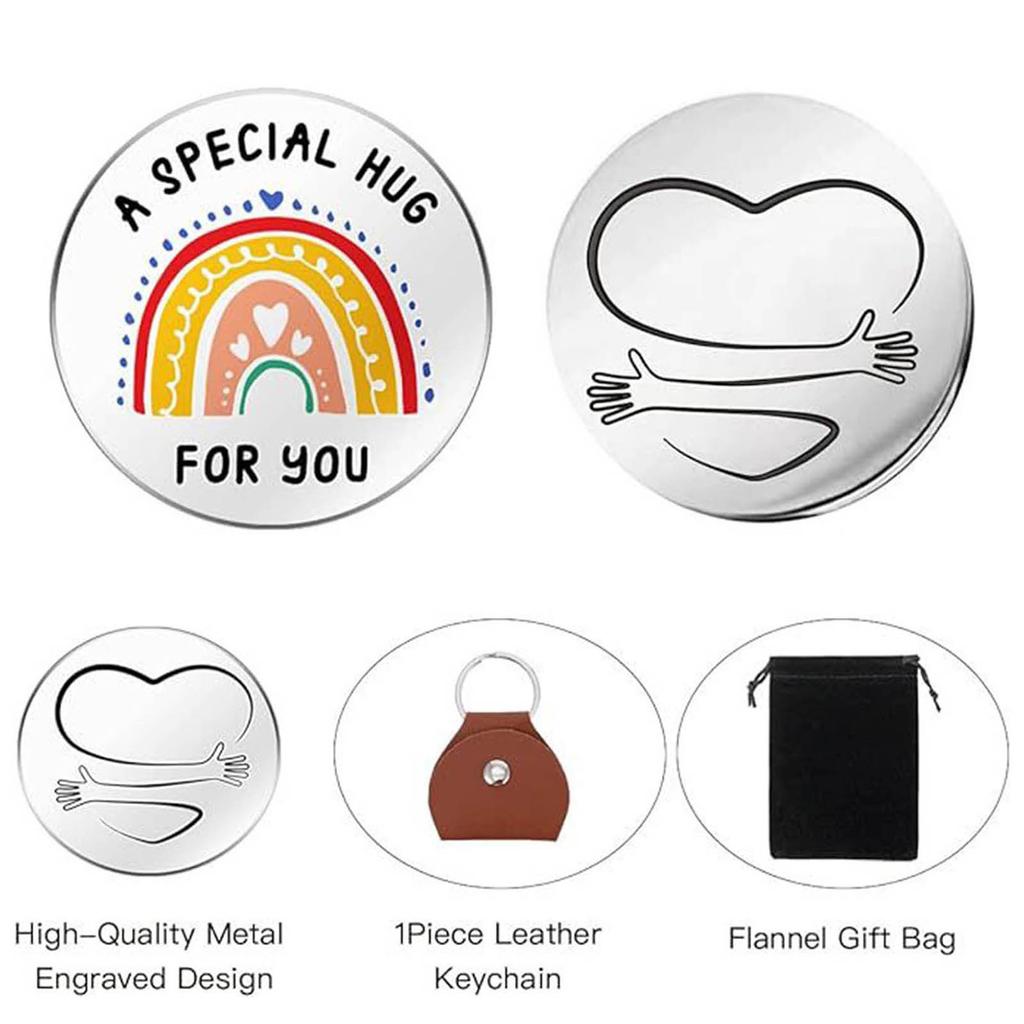 Pocket Hug Token A Special Hug for You Coin Stainless Steel Double Sided Inspirational Gift with PU Leather Keychain