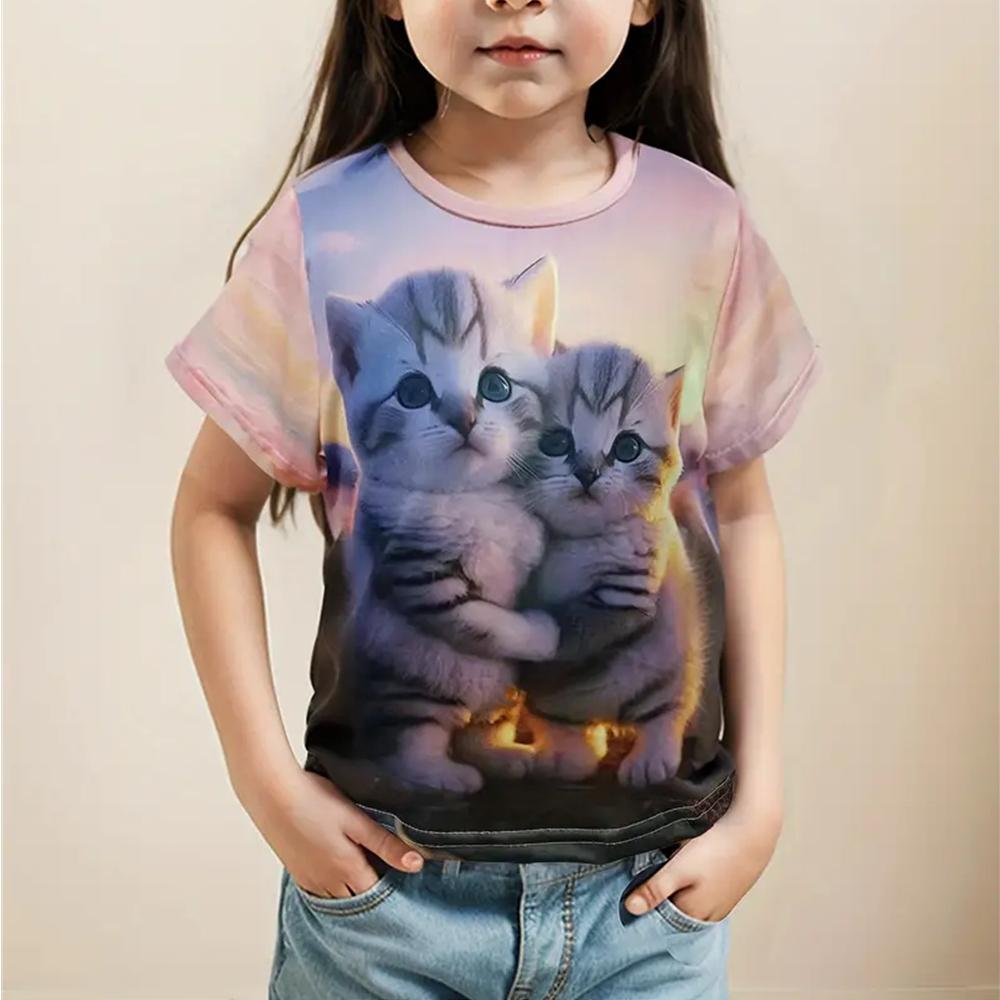 2025 Girl Clothes 3D Print Cute Cat Crew Neck Short Sleeves Graphic T Shirts Summer Streetwear Fashions T-Shirts for Children