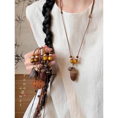 Wooden Bead Acorn Pendant, Wax Rope Necklace, Retro Ethnic Style Pull-out Sweater Chain, New Chinese Versatile Niche Item Decoration