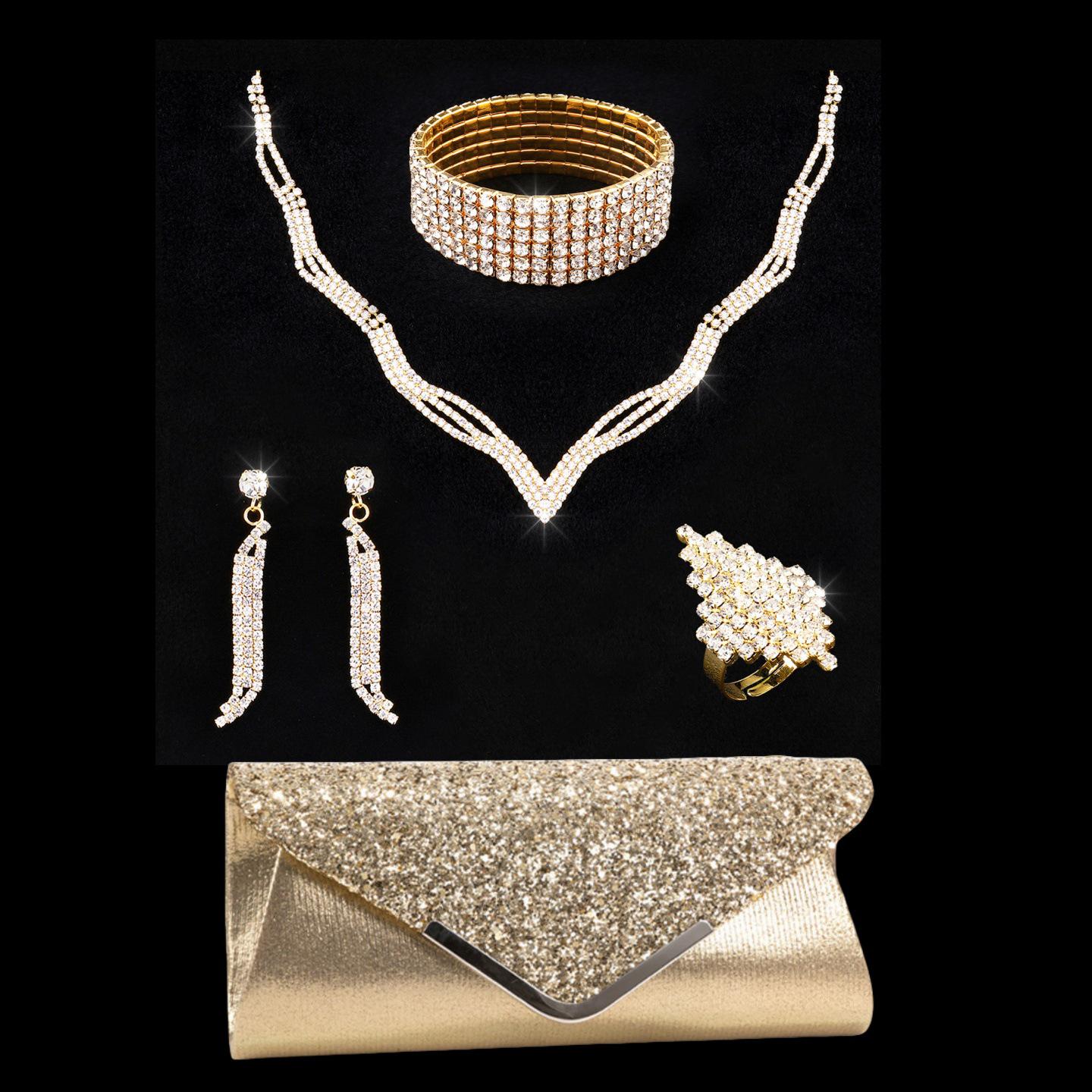 

Европейский и американский свадебный модный набор из 5 предметов: Ожерелье со стразами, серьги, браслет, кольцо и вечерняя сумка-клатч из ПУ с пайетками золотой
