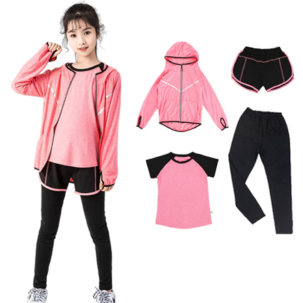 HYJEAL Sportswear Set for and Fitness Long Short and Size and Winter Kids' Girls, Yoga, Training, Running, 4-Piece Set, Jersey, Stretchy, Breathable,