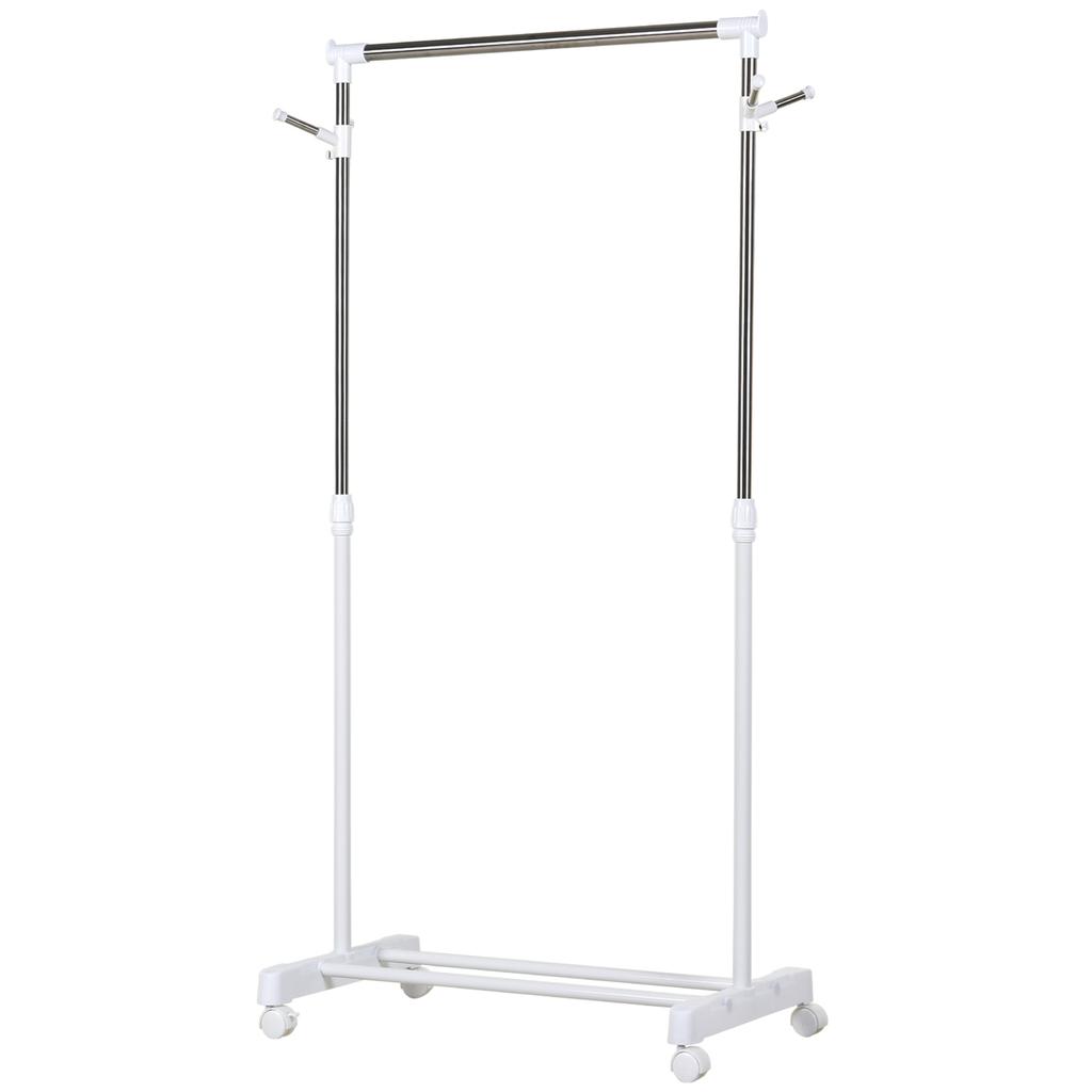 Rolling Coat Rack, Height-Adjustable, with Lower Shelf, 4 Casters, White