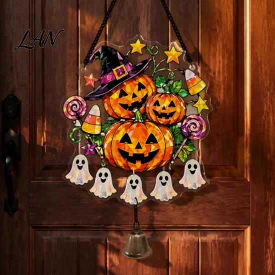 Pumpkin Party Decor Halloween Acrylic Hanging Decoration, Cartoon Ghost Ornament with Bell Bell, Suncatcher for Indoor Outdoor Holiday Ornaments