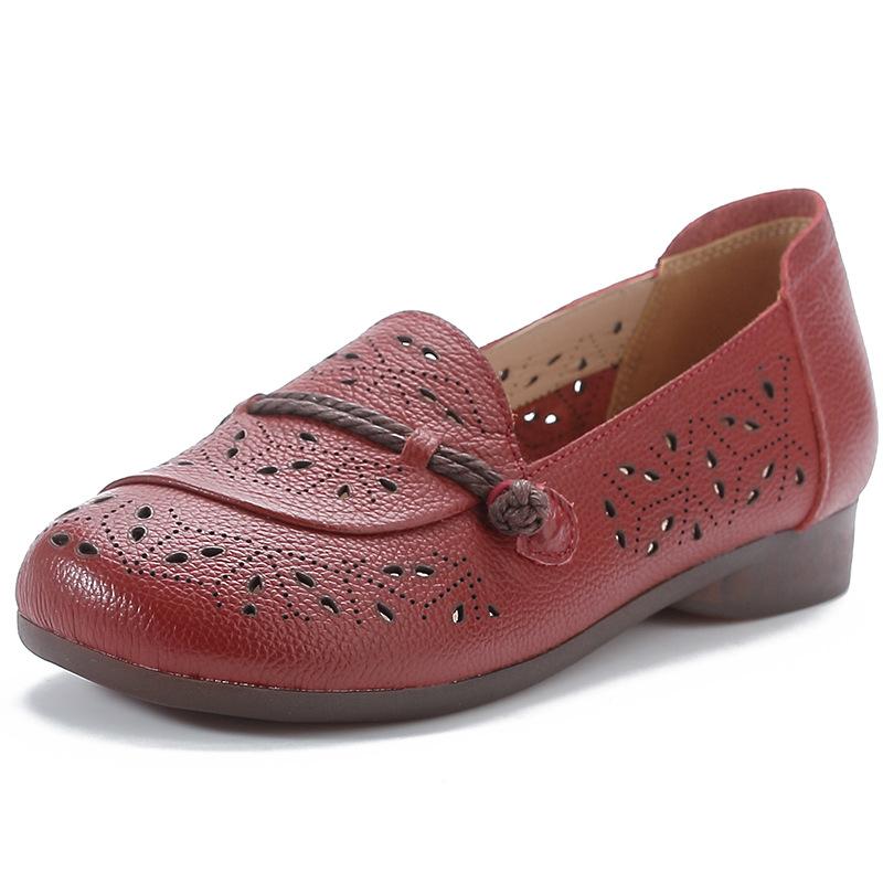 Fashion Women Loafers Spring Summer Genuine Leather Hollow Out Soft Flats Casual Ladies Non-Slip Comfort Mother Shoes Fashion Sneakers