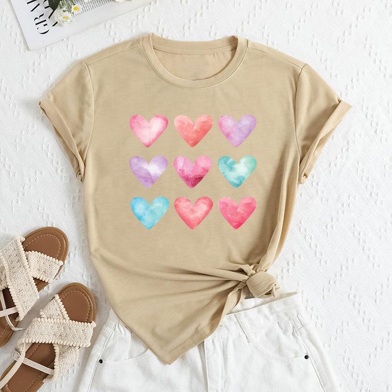 Summer Women's Plus Size Color Heart Print Loose Round Neck Casual Pure Cotton Short Sleeved T-shirts Women's