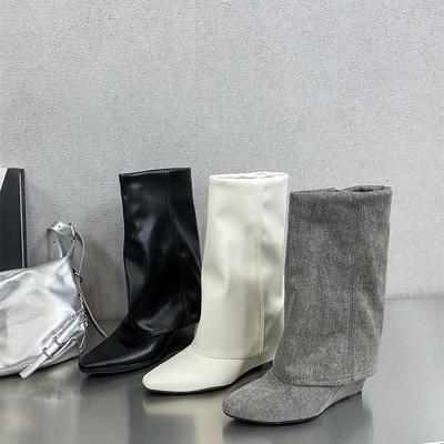 2025 Ärmel Retro Westlicher Cowboy Französisch Einfach Nische Hose Hosen Stiefel Spitze Keilabsatz Haute Couture Damen Kurzstiefel