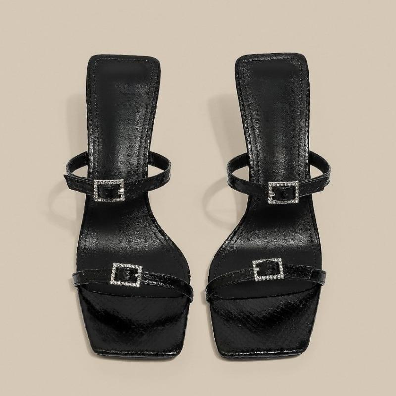 Fashion Stiletto Flip-Flops Summer New Square Toe Open Toe Crystal Metal Buckle Anti-Slip Wear-Resistant High Heels
