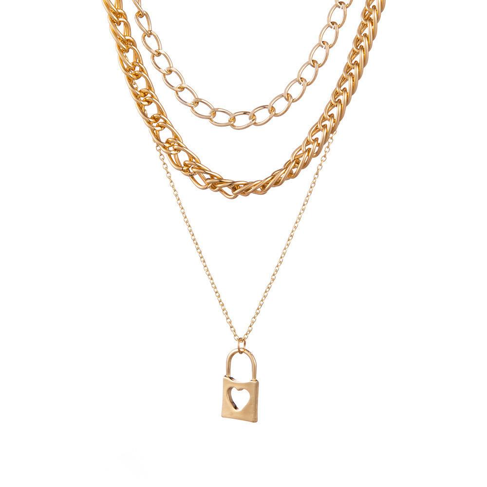 Fashionable Multi-layer Chain Necklace In Gold With Unique Lock Pendant Design