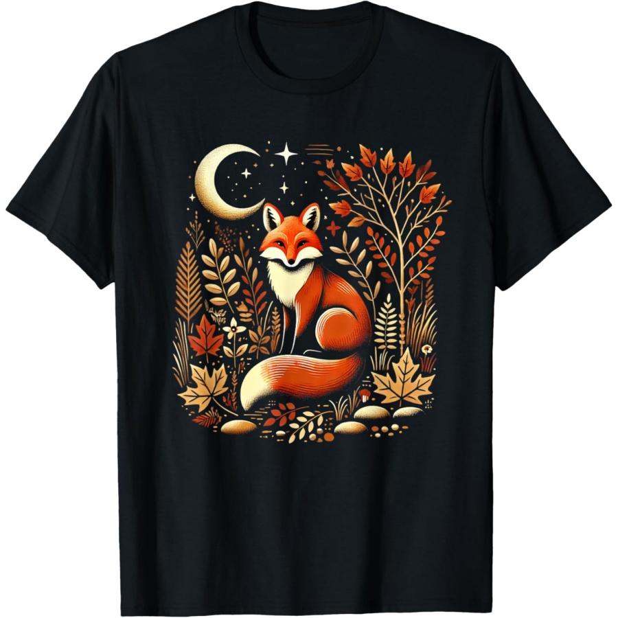 Magic Red Fox in Autumn Forest Moon & Stars Red Fox T-Shirt S