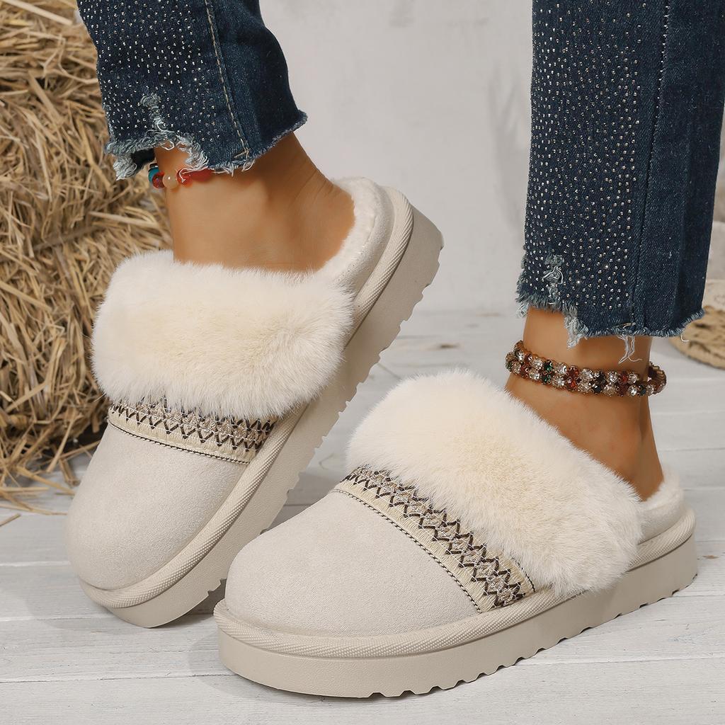 Ethnic Style Cotton Slippers Women Wear Retro Non-slip Thick-soled Fleece Warm Confinement Shoes Outside The Home In Winter