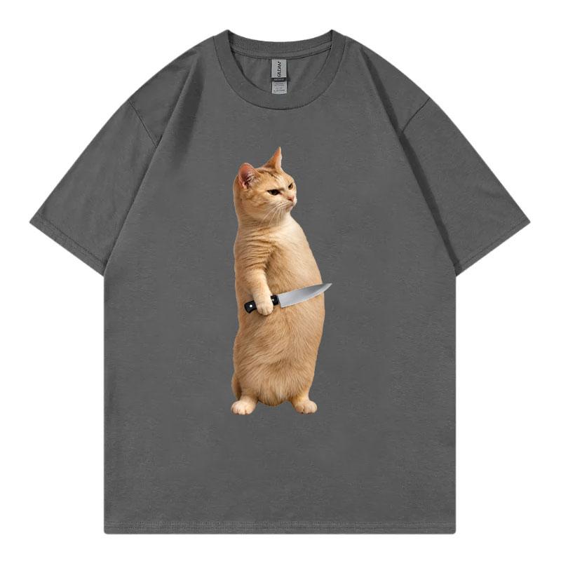 Funny Cat With Knife Meme Tshirt Unisex Unisex Clothing High Street Fashion Trend Tshirts Summer Casual Loose Short Sleeve T Shirt