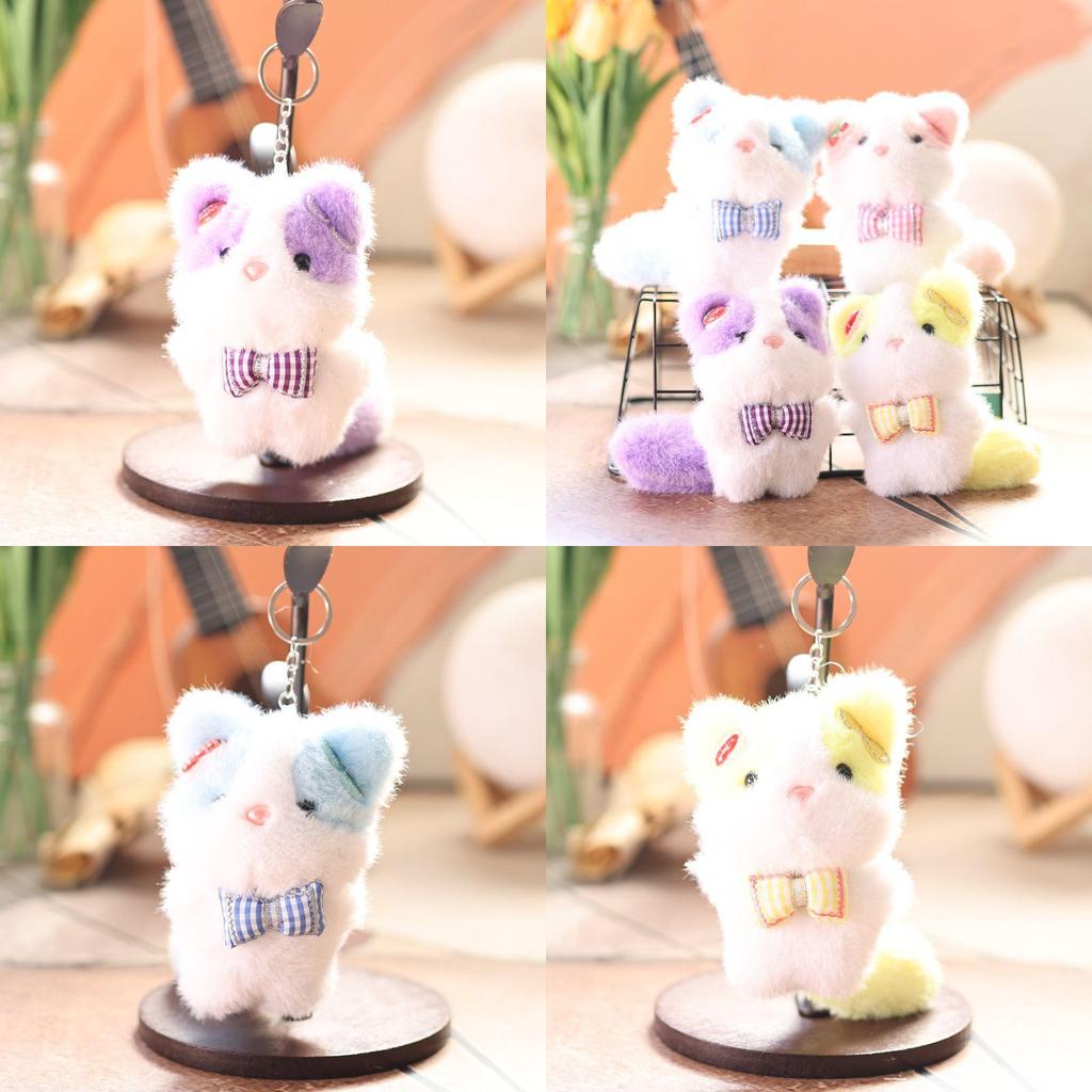 Cute Animal Plush Doll With Checkered Bow Decoration For Bags And Keys