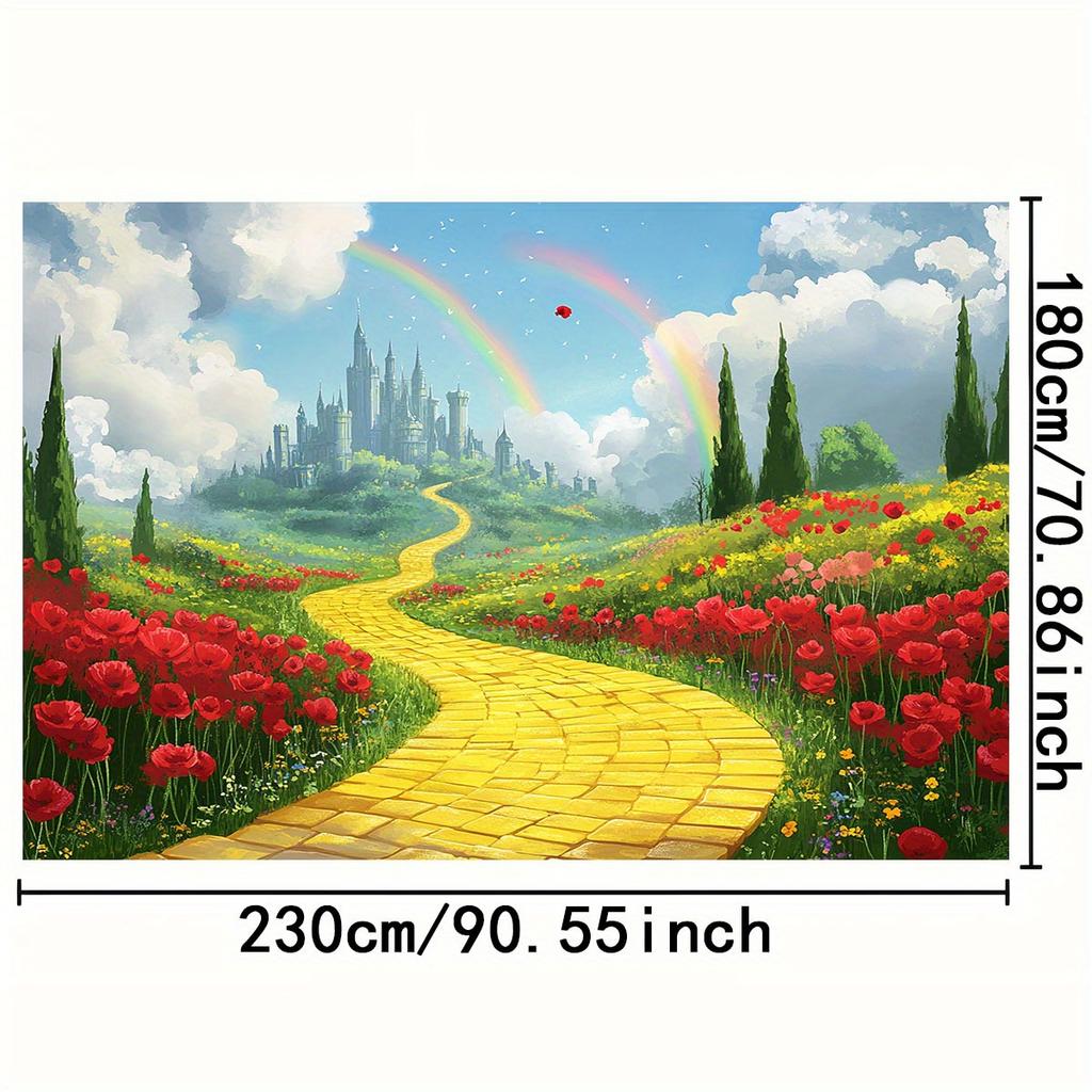 1 Piece of Magical Castle Fairy Tale Background Cloth - Red Poppies Yellow Pebble Paths and Rainbow Castle Scenes