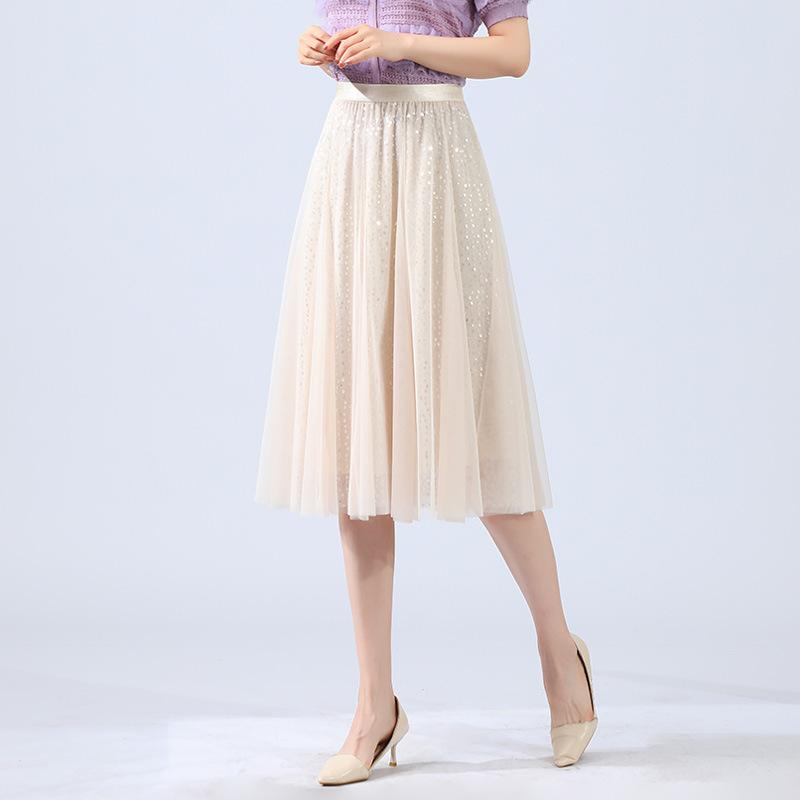 Bust summer pleated skirt medium and long A-word women's drape feeling big swing gauze skirt high waist skirt spring and autumn high sense