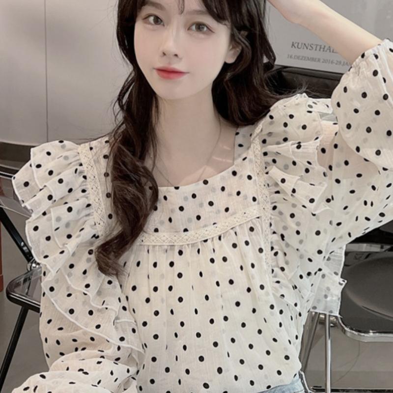 Francuska Stylowa Designerska Bluzka Chiffonowa z Długim Rękawem do Noszenia na Zewnątrz, Świeża w Kropki, Damska Jesienna Mała Bluzka