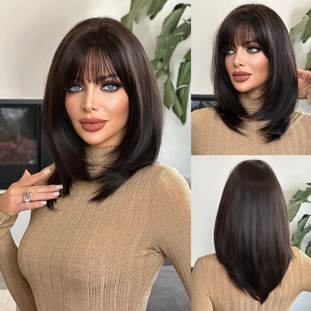 Dark Tea Brown Shoulder Length Straight Wig for Women - Layered Design Daily Outdoor Realistic Hair Full Cap Natural Wig
