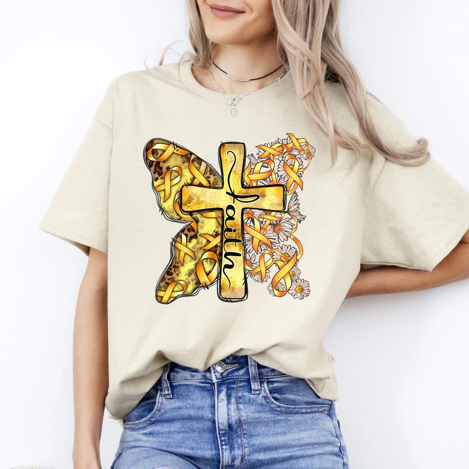 Faith child cancer cross T-Shirt gift gold ribbon child cancer awareness cross T S