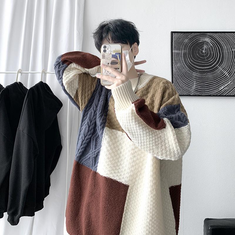 Autumn and Winter Contrast Color Splicing Sweater Jacket Men's Trendy Ins Korean Version Trendy High Street Outer Wear Sweater Trendy Sweater