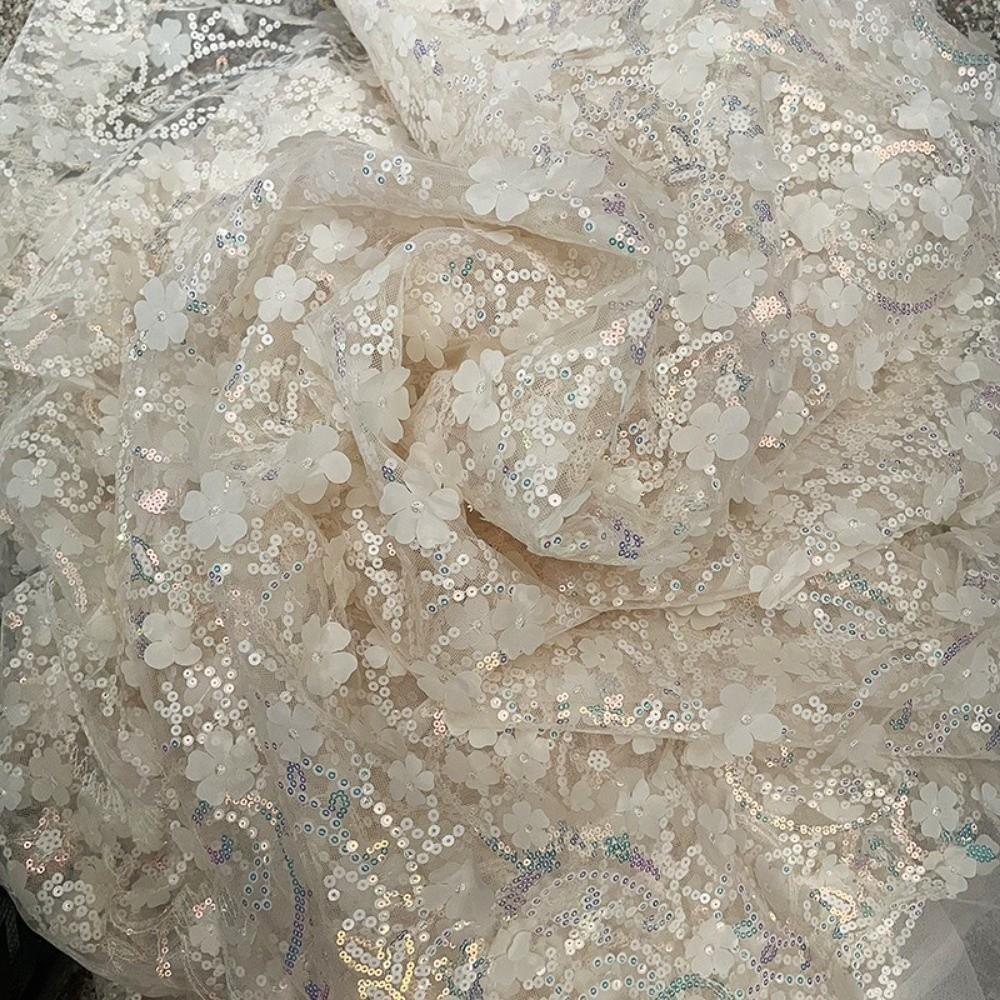 Sequin Mesh Lace Fabric 1yard 130cm DIY Bow Material DIY 3D Flower Tulle Fabric  Dress Decoration