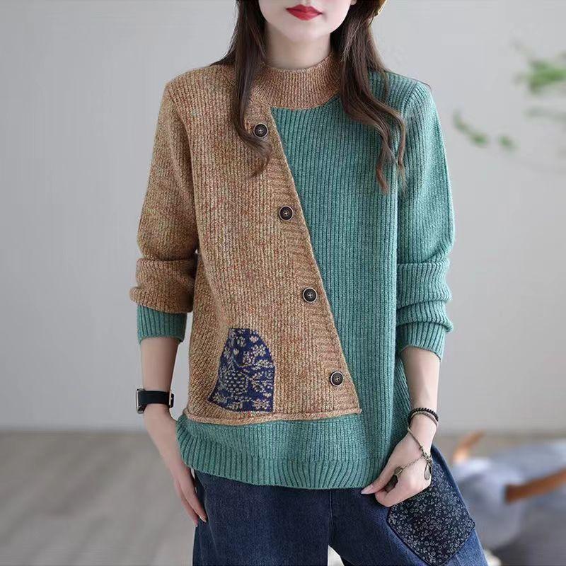 Artistic Retro Sweater Women's Autumn/Winter Half High Collar Loose Large Size Splicing Color Contrasting Round Collar Hoodie Long Sleeve Top Coat