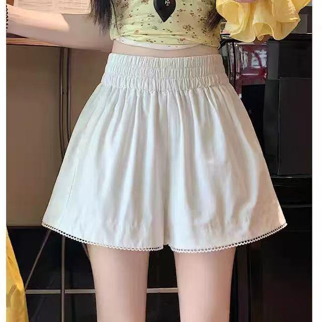 Korean Style Women's Lace Trim Elastic Waist Shorts - 2025 Summer Petite Casual Loose Slimming Wide Leg Pants
